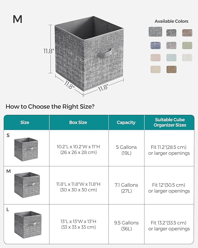 SONGMICS Storage Cubes, 11.8-Inch Non-Woven Fabric Bins with Double Handles, Set of 6, Closet Organizers for Shelves, Foldable, for Clothes, Cattail Gray UROB030G01