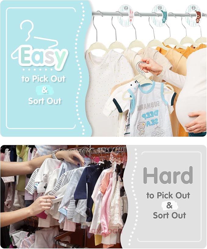 VIS'V Baby Hangers, 11 Inch Velvet Kids Hangers with 6 Pcs Clothes Size Dividers, Infant Toddler Nursery Closet Organization, Non Slip, Beige, 50 Pcs