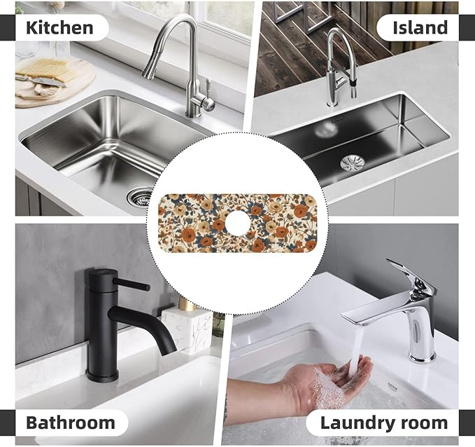 Faucet Draining Mat For Kitchen Sink, Peony Flower Blue Leaves Diatom Mud Absorbent Drain Pad For Bathroom Kitchen Sink Splash Guard Drying Mat