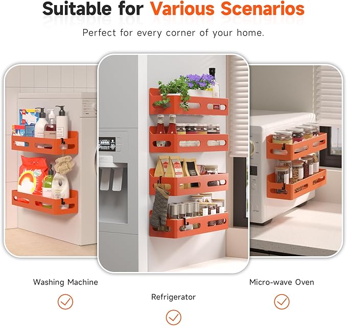 4 Pack Strong Magnetic Spice Rack for Refrigerator, Multipurpose Magnetic Shelf for Fridge with 4 Hooks for kitchen and Bathroom Organization, Orange