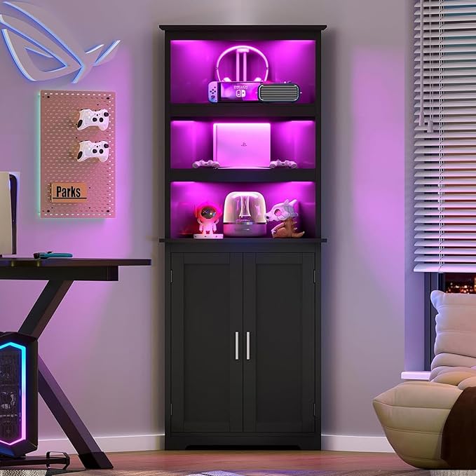TEENFON Tall Corner Cabinet with LED Lights, Gothic Style Corner Storage Cabinets with Doors, 5-Tier Bathroom Cabinet, Living Room, Dining Room, Black