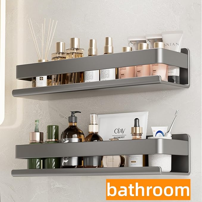 Adhesive Wall Mount Spice Rack Carbon Steel, No-Drill Dark Gray Spice Organizer, Multi-Purpose Kitchen Bathroom Storage Shelf for Countertop Cabinet