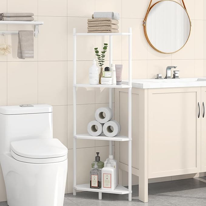 Wisuce Corner Shelf Stand - 4 Tier White Bamboo Small Corner Bookshelf for Office Kitchen Bedroom Plant Stand Living Room Decor Small Space