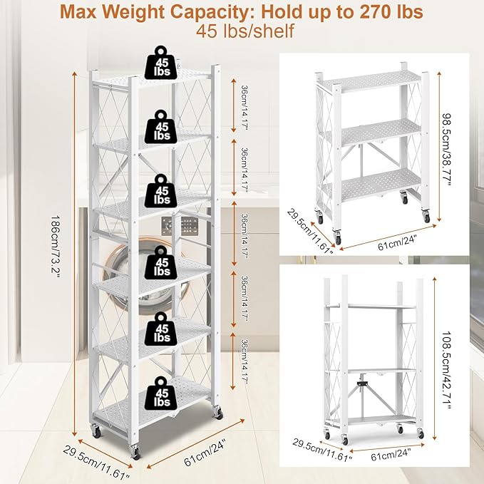 6-Tier Foldable Storage Shelves with Wheels, Folding Metal Shelf Unit, Folding Bookshelf no Assembly, Collapsible Shelves for Craft Shows for Kitchen, Bedroom, Living Room, White
