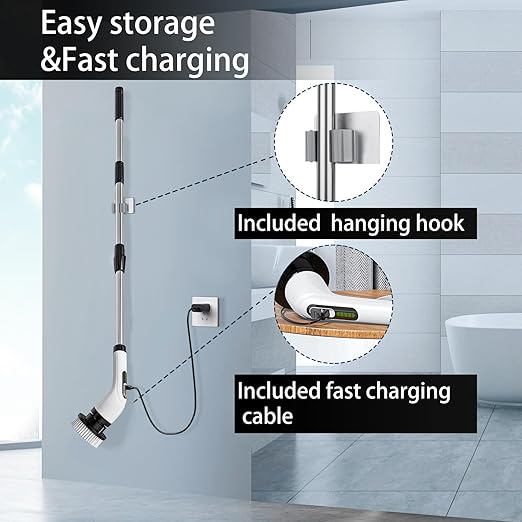 HIMAAT Cordless Electric Spin Scrubber - IPX7 Waterproof, LCD Display, 8 Brush Heads, Adjustable Extension Handle, for Shower, Bathtub, Tile, Grout, Kitchen, Bathroom Cleaning
