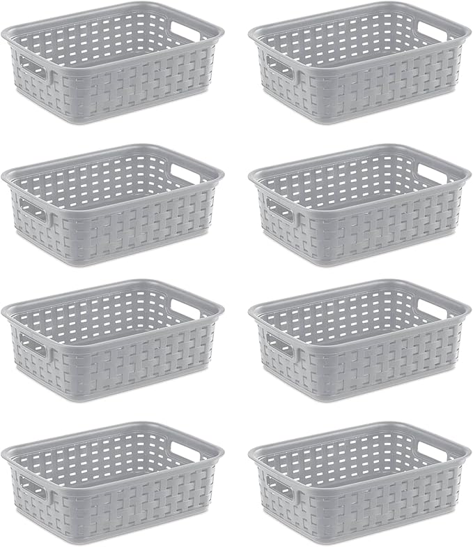 Sterilite 11 Inch Small Weave Open Bin Wicker Storage Basket Home Organizer Tote for Countertops, Bookshelves, and Closets, Cement, 8-Pack