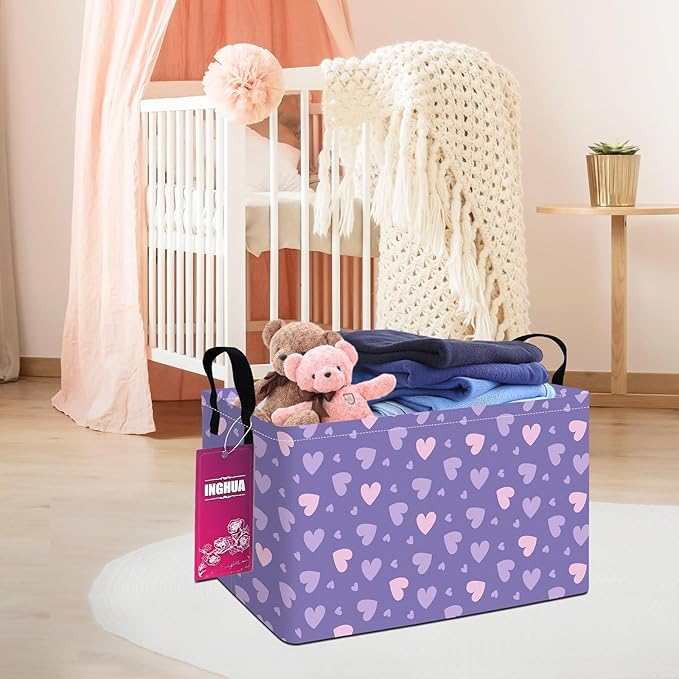 Rectangular Storage Basket Fabric Organizer Bin for Toys,Books,Clothes,Gifts,Pets-Perfect for Home,Office,Nursery,Dorm,Shelf(Rec-Purple hearts)