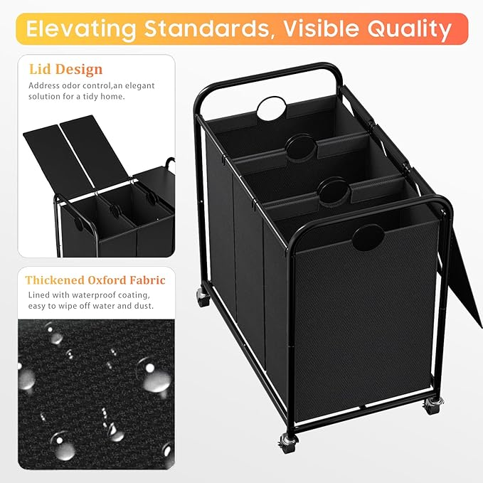 180L (47.55 Gal) Laundry Sorter 3 Section, Rolling Laundry Basket with Lockable Wheels and Lid, Laundry Hamper with 3 Separated Removable Bags Dirty Clothes Hamper for Laundry Room Organizer, Black
