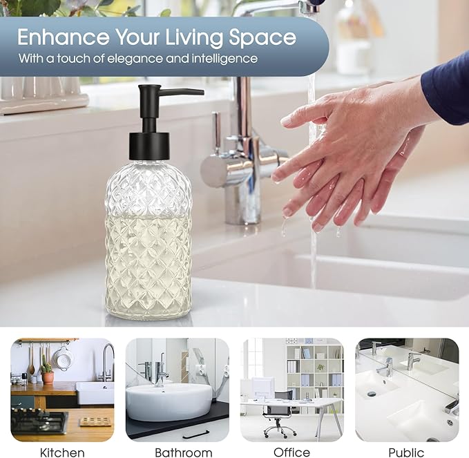 2 Pack Gem Glass Soap Dispenser with Black Plastic Pump, 13oz Liquid Hand Soap Dispenser, Rustproof Pump for Kitchen & Bathroom, Great for Lotions, Essential Oil, Liquid Soaps-Clear