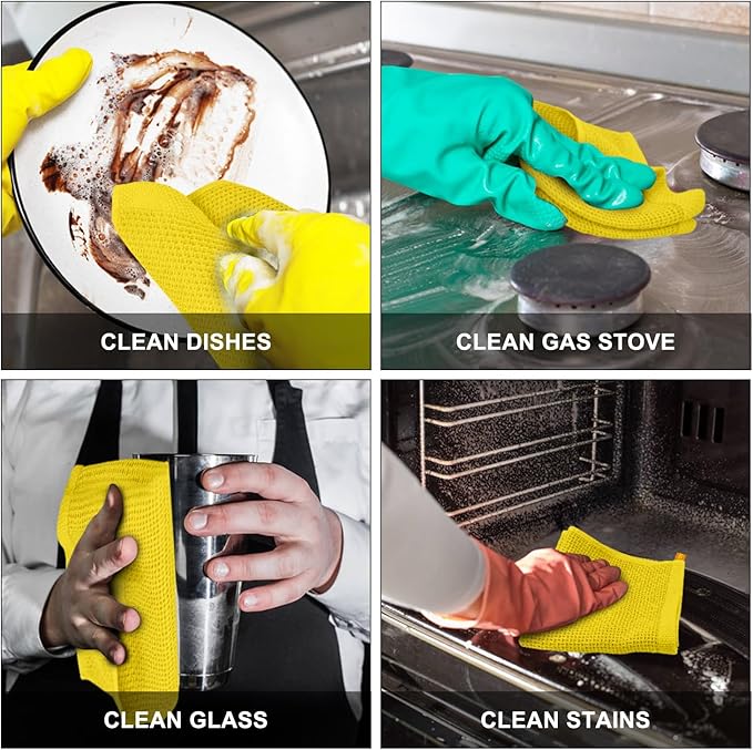 Nialnant 4 Pack Yellow Kitchen Dish Towels, 100% Cotton Waffle Weave Kitchen Dish Cloths for Washing Dishes, Soft Absorbent Dish Rags, Quick Drying Cleaning Rags - 12x12 in