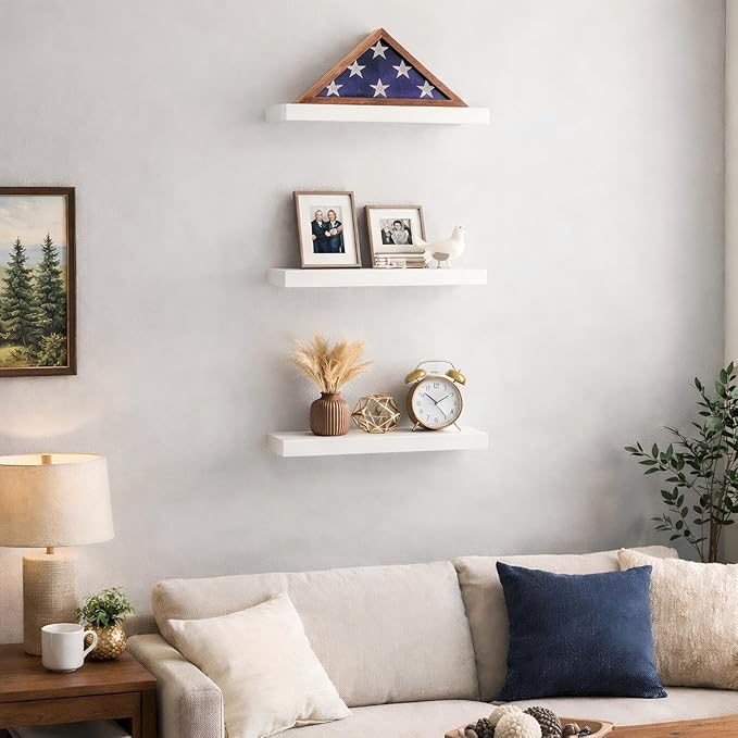 BAYKA White Floating Shelves for Wall – Rustic Wood Wall Shelves with Metal Brackets for Bathroom, Bedroom, Kitchen, or Living Room Decor Organization – Set of 3, Sturdy Storage with 22lb Capacity