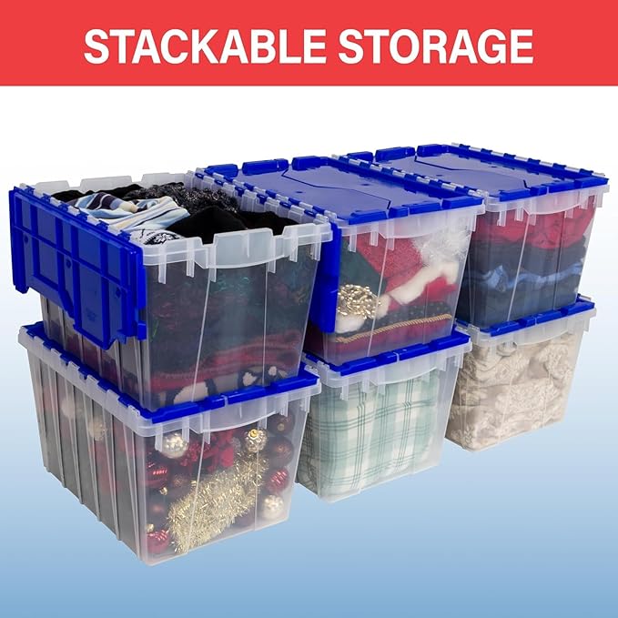 Akro-Mils KeepBox 12 Gallon Storage Container, Nesting and Stackable Plastic Storage Box with Lid Attached, Clear Tote for Garages, Closets, and Moving, 21-1/2" x 15" x 12-1/2", Clear/Blue