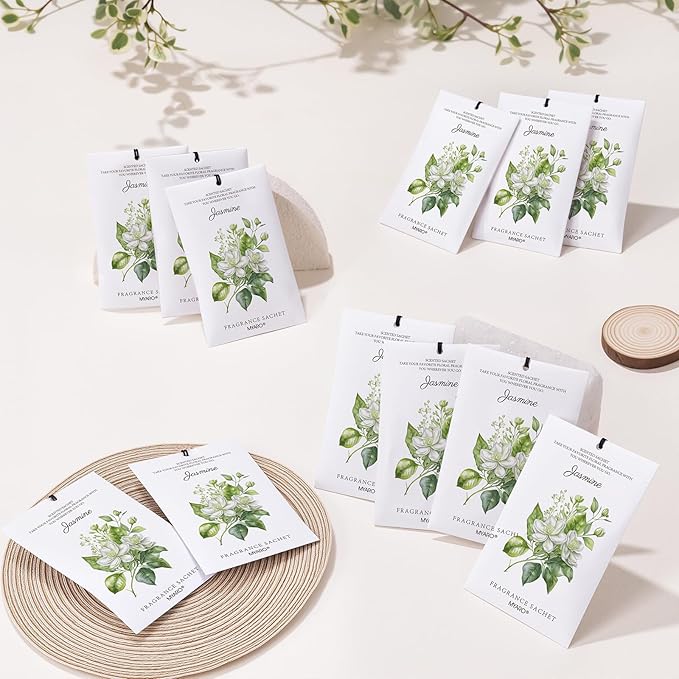 MYARO 12 Pack Jasmine Scented Sachets for Drawer, Closet & Small Spaces Air Freshener Bags, Odor Eliminator for Car, Shoes, Gym Bag Home Fragrance Gift Set