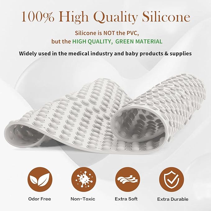 Joiyota Silicone Push Pop Bath Mat with 391 Suction Cups, 33x17.3 Inch Non-Slip Tub Mat for Adults, Textured Surface for Extra Stability & Drainage, White Thickened Soft Shower mat Easy to Clean