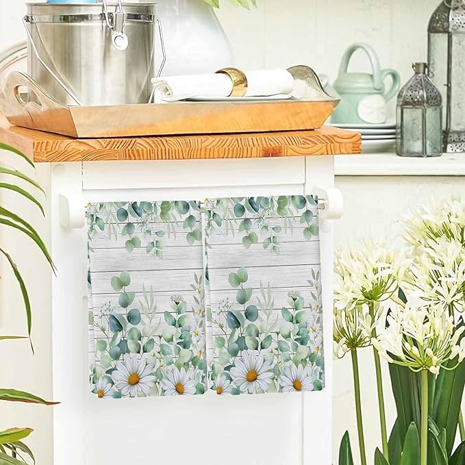 Kitchen Towels Set of 2, Green Eucalyptus Leaves Soft Microfiber Dish Towels, Daisy Summer Botanical Wooden Absorbent Quick-Dry Washable Dishcloths for Kitchen Cleaning, Drying Dishes, 18x28 Inches