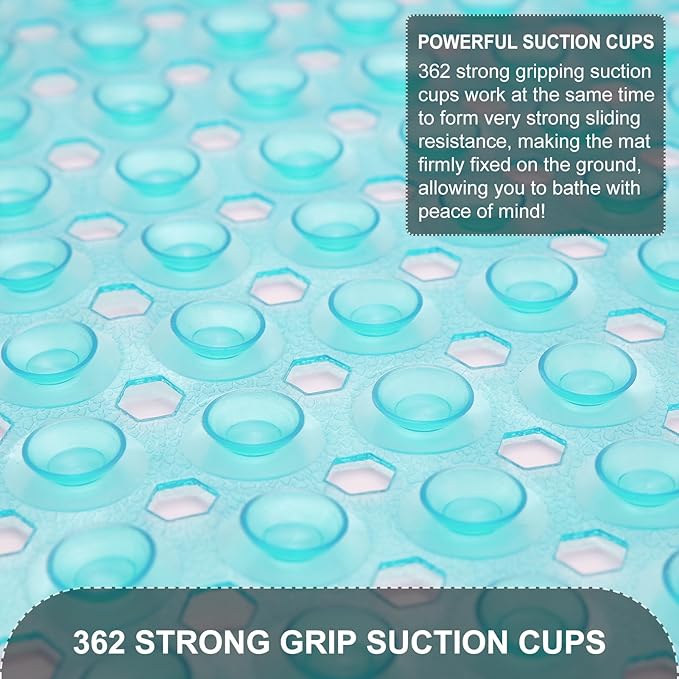 Bath Tub and Shower Mats, Non Slip 40 x 16 Inch Extra Large Bathtub Mat, Machine Washable Bathmat with Drain Holes, Suction Cups for Bathroom Floor, Clear Turquoise