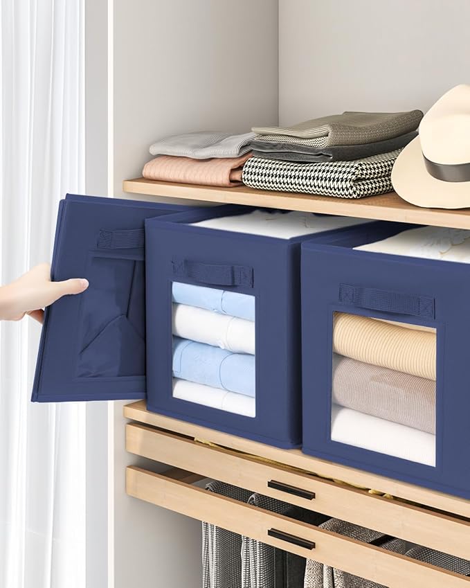 Storage Cube 11 Inch - Cube Storage Bins with Window, Closet Storage Baskets with Handle, Fabric Bins for Closet, Shelves, Toys, Clothes, Set of 10, Navy Blue