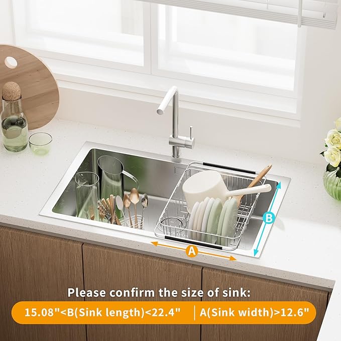JAQ Dish Drying Rack in-Sink, 304 Stainless Steel Dish Drainer with Stainless Steel Silverware Holder Over Inside Sink-Adjustable 15.08" to 22.4" Maximium 13 Upright Dishes
