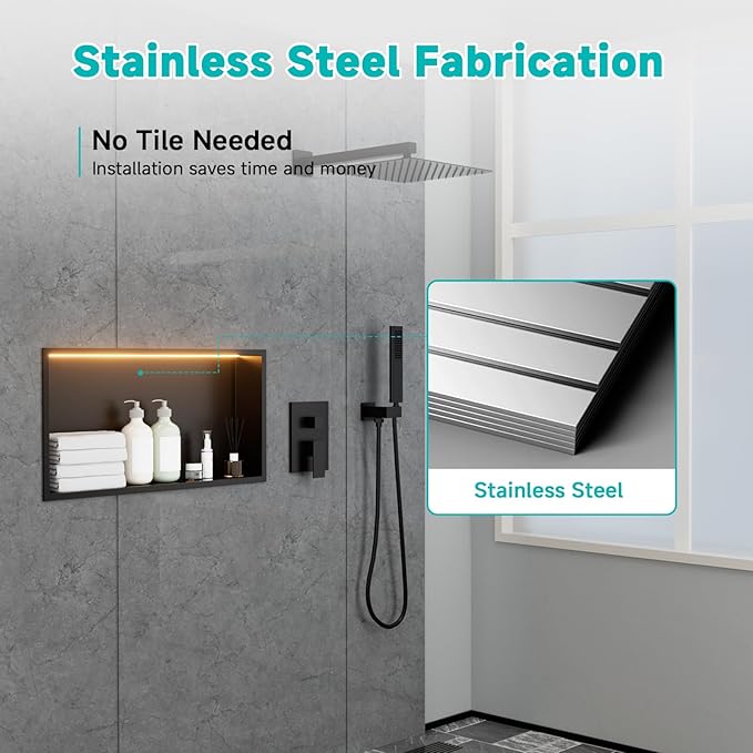 TSIBOMU Stainless Steel 12"x24" LED Lights Shower Niche - No Tile Needed Recessed Wall Niche Waterproof for Walk in Shower Bathroom Storage, Matte Black