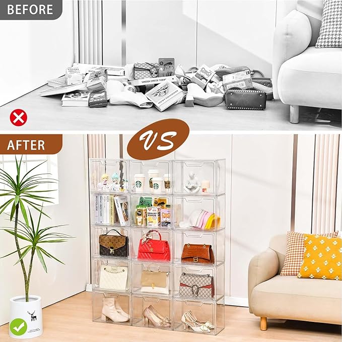 Stackable Storage Bins, Clear Acrylic Display Case, 5-Pack Acrylic Boxes with Lids, Clear Storage Containers Storage for Handbags, Collectibles & Figures