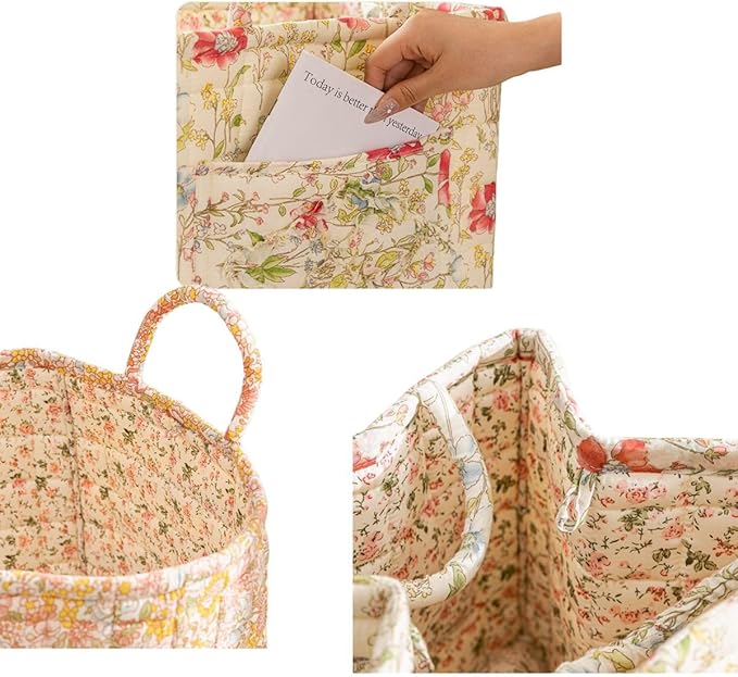 Quilted Fabric Storage Basket with Handles – Boho Foldable Floral Organizer Bin for Home, Picnic, Shopping, Travel 13"x11"x10" (Rose Cream)