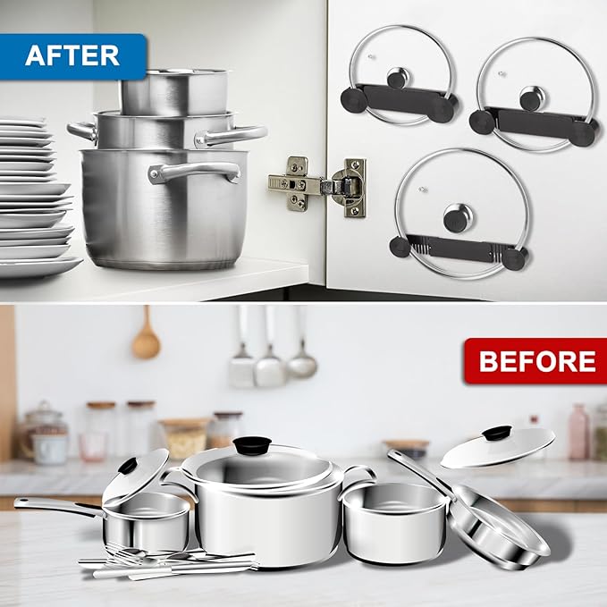 New Upgrade 4 Pack Adjustable Pot Lid Holder, Lid Organizer Fits 6" to 14" Lids, with Screw Hole Position and Sticky Wall Mounted Lid Storage Kitchen Cabinets, Cabinet Doors (Black)