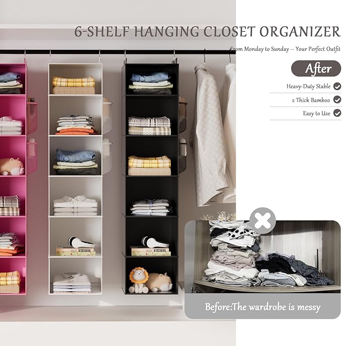 VERONLY Hanging Closet Organizer and Storage with Bamboo Support, 6-Shelf Closet Hanging Storage Shelves, Closet Organizers Easy Mount Foldable for Bedroom(Black)