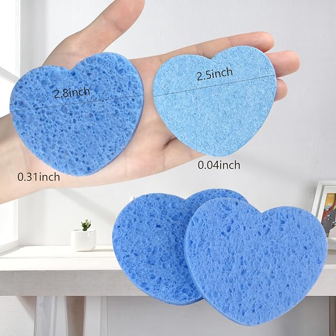 100-Count Compressed Facial Sponges for Estheticians Heart Shape Natural Cellulose Sponge Professional Cosmetic Spa Sponges for Face Cleansing, Massage, Pore Exfoliating, Mask, Makeup Removal, Blue