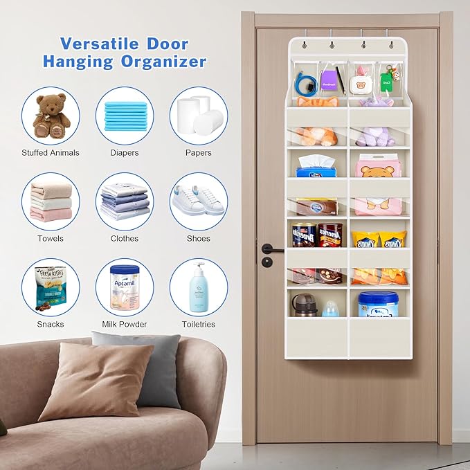 Univivi 5-Shelf Fabric Baby Door Storage Over Door Hanging Organizer with 8 Deep Pockets and 4 Small PVC Pockets Wall Mount Hanging Storage Organizers for Baby Essential (Beige)