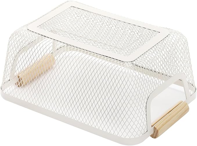 2Pack Metal Mesh Steel Basket, Small Wire Storage Organizer Basket Multi-function Hanging Kitchen Basket Fruit Basket with Wood Handle for Kitchen Picnic Cabinet Home Decor, Rectangle-Off White