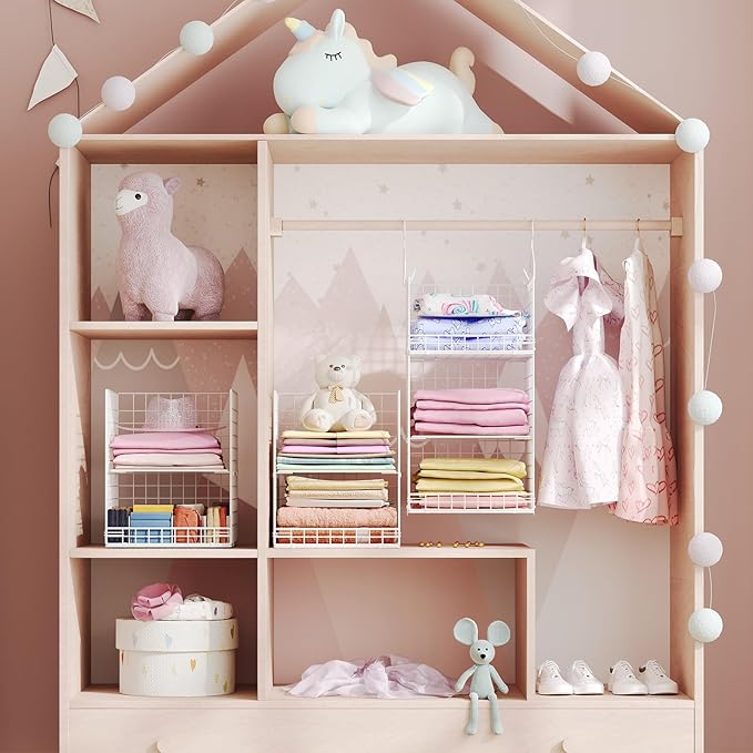 5 Tier Hanging Closet Organizer Separable Hanging Closet Shelves with 4 Hooks 2 Adjustable Dividers, Wire Storage Basket Bins for Clothing Sweaters Socks Dolls Handbags, Foldable