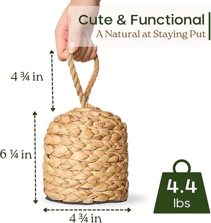 4.4lbs Natural Door Stopper for Bottom of Door Decorative Heavy Duty Door Stop with Handle Wicker Cute Door Stopper for Modern Farmhouse Water Hyacinth Home Decor 4.7" D x 6.3" H