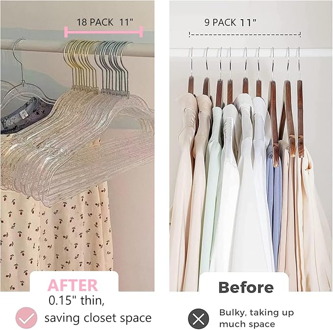 Pink Clothes Hangers 16", 40 Pack Plastic Clear Coat Hanger for Adult Closet, Durable Bling Ganchos de Ropa with Swivel Hook, Notched Shoulders & Ultra-Thin Space Saving Laundry Hanger for Dress Suits