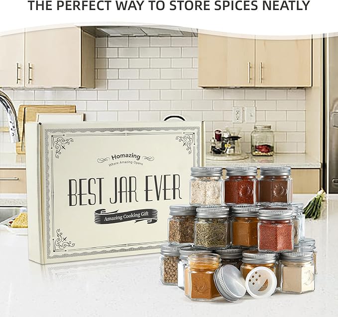 Homazing Set of 24 Hexagon Glass Spice Jars with Shaker Lids and Labels for Refrigerator, Kitchen, RV Travel Trailer Magnetic Containers