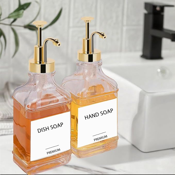Dish Soap Dispenser for Kitchen, Hand Glass Soap Dispenser Set with Pump, Funnel for Bathroom, Shower, Laundry, Liquid, Lotion (Gold 2 Pack 18 Oz Clear Bottles with 12 Stickers)