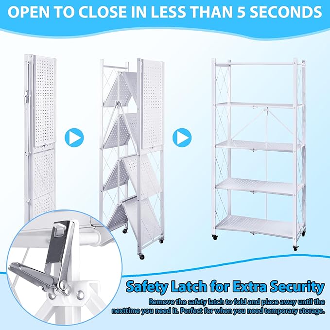 5-Tier Foldable Storage Shelf with Wheels, Metal Collapsible Shelving Unit, Heavy-Duty Rolling Cart for Kitchen Pantry Garage Office, Pre-Assembled Organizer Rack – White