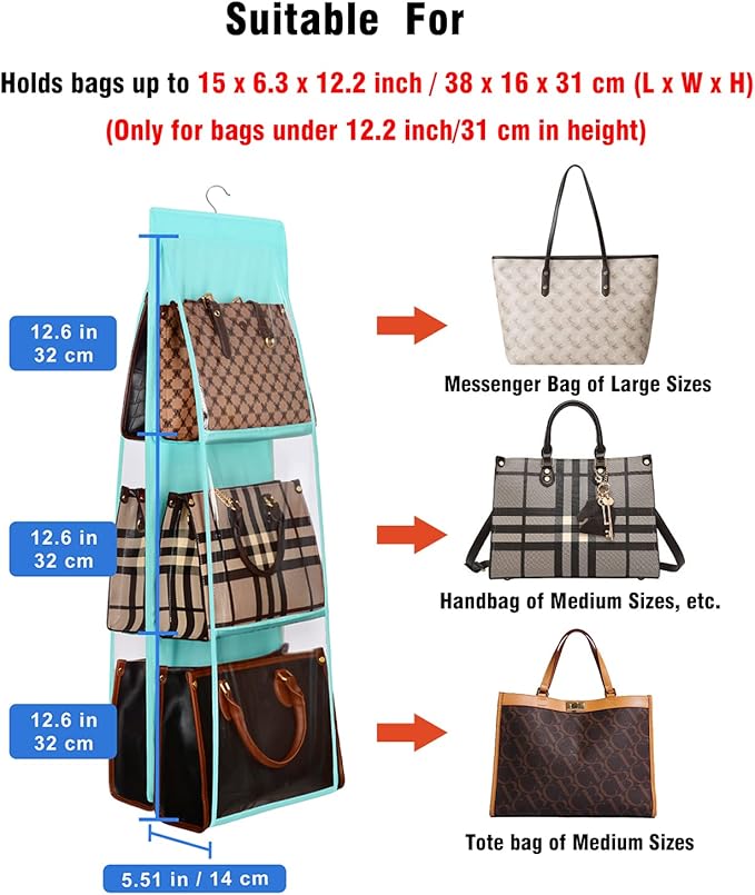 Lirex Medium and Large Handbag Hanging Organizer, 6 Pockets Foldable Hanging Purse Organizer Oxford Cloth Handbag Storage Hanger Universal Fit Closet Organizer for Family Closet Bedroom, Light Blue