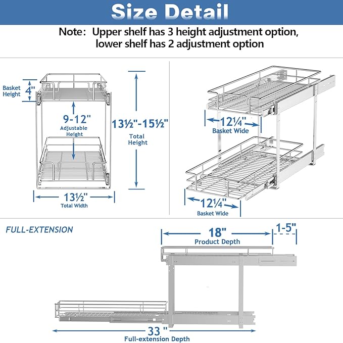 MODCART 2 Tier Individual Pull Out Cabinet Organizer 13½" W x 18" D, Heavy Duty Cabinet Pull Out Shelves, Slide Out Drawers Organization for Kitchen Cabinets Bathroom