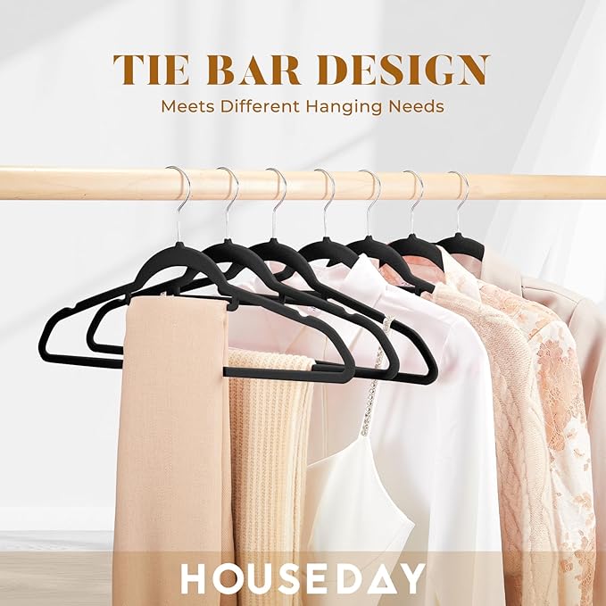 HOUSE DAY Velvet Hangers 60 Pack, Non-Slip Hangers with Tie Bar, Premium Slim Clothes Felt Hanger Standard Hanger 360° Swivel Hook for Closet Organized Storage，Elegance Black