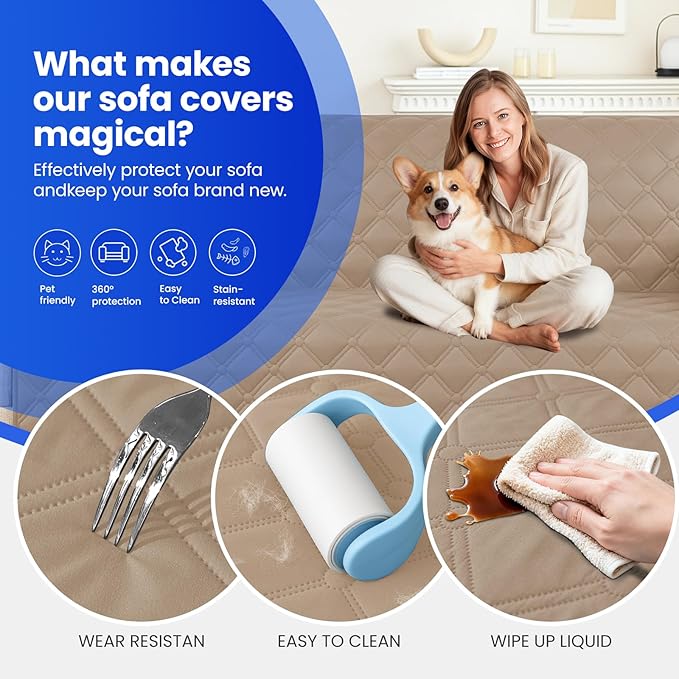Waterproof Dog Bed Cover, Non-Slip Dog Blanket for Couch, Couch Covers for Dogs Washable, Pet Blanket for Furniture, Pet Bed Mat for Sofa, Car, Pet Supplies (82x82 Inch, Khaki)