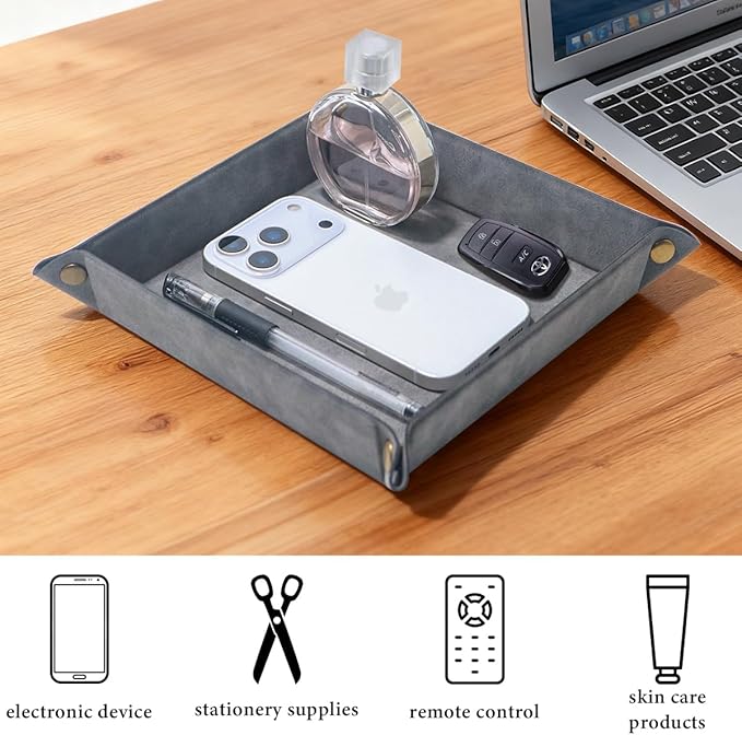 WAYIFON Valet Tray Desktop Storage Organizer – Premium PU Leather Catchall Bedside Vanity Tray Nightstand Caddy Holder for Remote Controller, Keys, Phone, Wallet, Coin, Jewelry,Grey