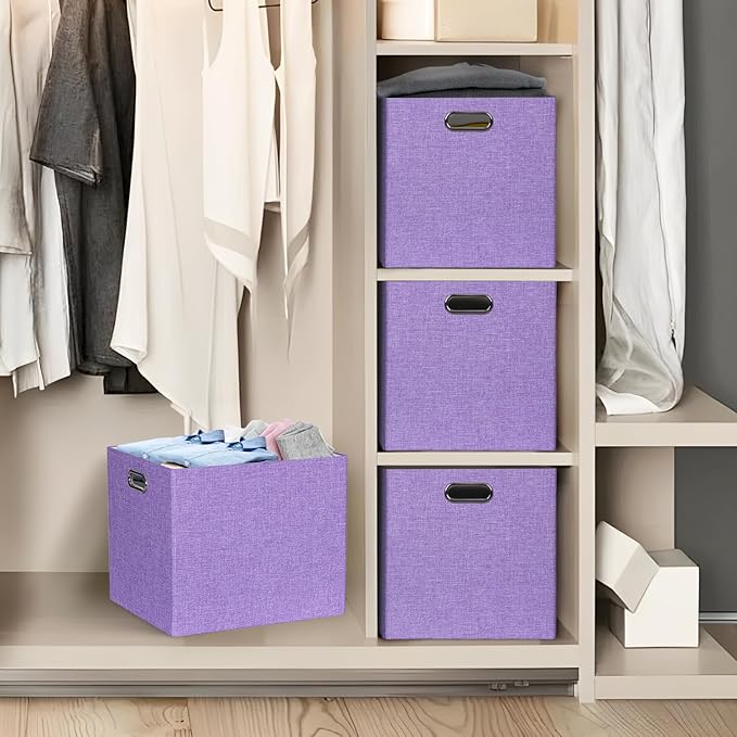 13x15x13 Storage Cube Bins, Foldable Storage Cubes, Fabric Organizer Basket Bin, Solid Containers Decorative Storage Boxes for Shelves Wardrobe Closet Home Office, 4 Pack, Purple