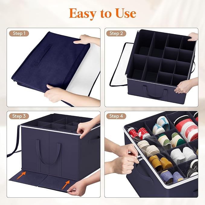 Lifewit Shoe Storage Organizer for Closet, Fabric Large Shoe Box Storage Containers with Clear Cover, Foldable Bins for Boots Heels Sneakers Fits 36-48 Pairs (Each 12-16 Pairs) 3 Pack Blue