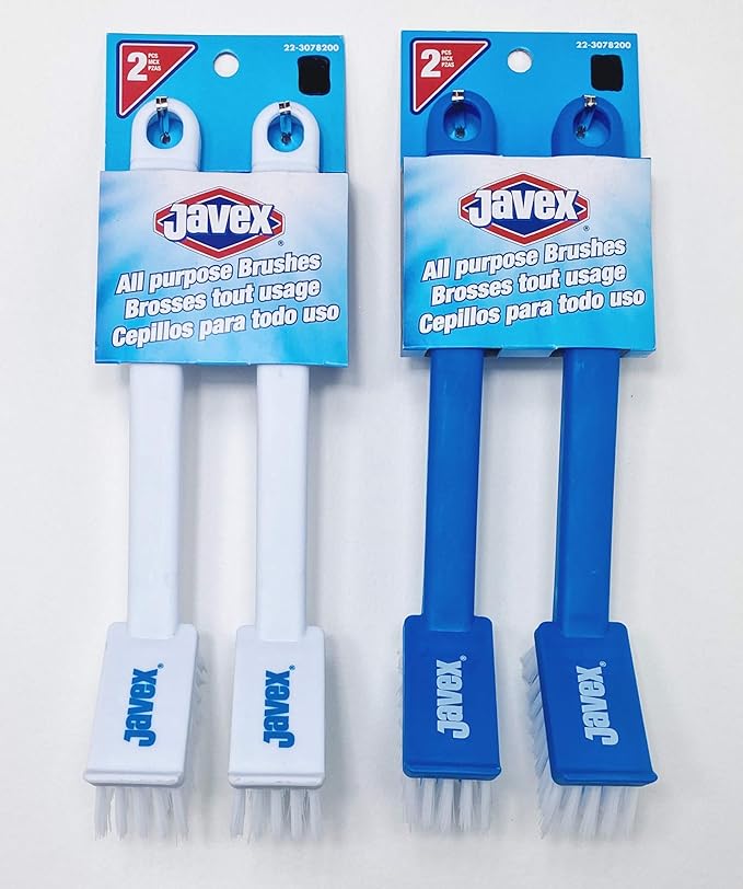 Javex All Purpose Scrub Brush, Blue & White, Lot of 2 Sets of Brushes (4 Brushes)