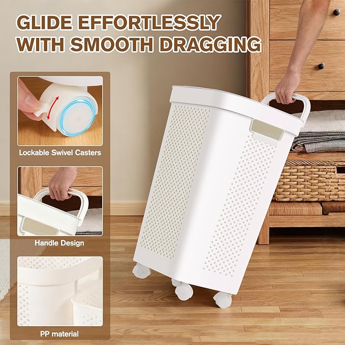 Ultra Wheeled Laundry Hamper with Lid, Suspended basket，Handle and Wheels for Easy Rolling of Clothes to and from The Laundry Room, Plastic（White）