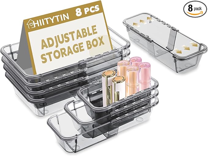 8 Pcs Mixed Extendable Clear Drawer Organizer, All Adjustable Vanity Storage Box, 3-Size Desk Drawer Organizer, Acrylic Storage Bins for Makeup, Bedroom Dressers Tool Organizer for Gadgets, Black