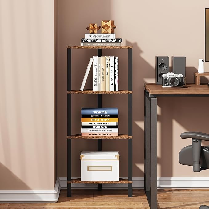 TUTOTAK Corner Shelf, 4-Tier Corner Bookshelf for Small Space, Narrow Display Corner Shelf Stand with Storage Rack, for Living Room, Bedroom, Rustic Brown BS05BB004