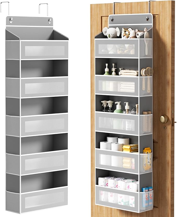 Over The Door Organizer, Over the Door Storage with 5 Large 10 Side Pockets, Hanging Door Organizer 44 lb Load Behind Door Storage, Hanging Shelf for Closet Wall Bedroom Bathroom Nursery, 5-Tier Grey