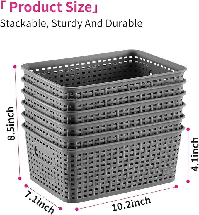 AREYZIN Small Storage Bins Plastic Storage Baskets Set of 6 Sturdy Small Pantry Organizer Bins Organization and Storage Shelves Baskets for Organization, Countertops, Desktops, Cabinets, Bedrooms