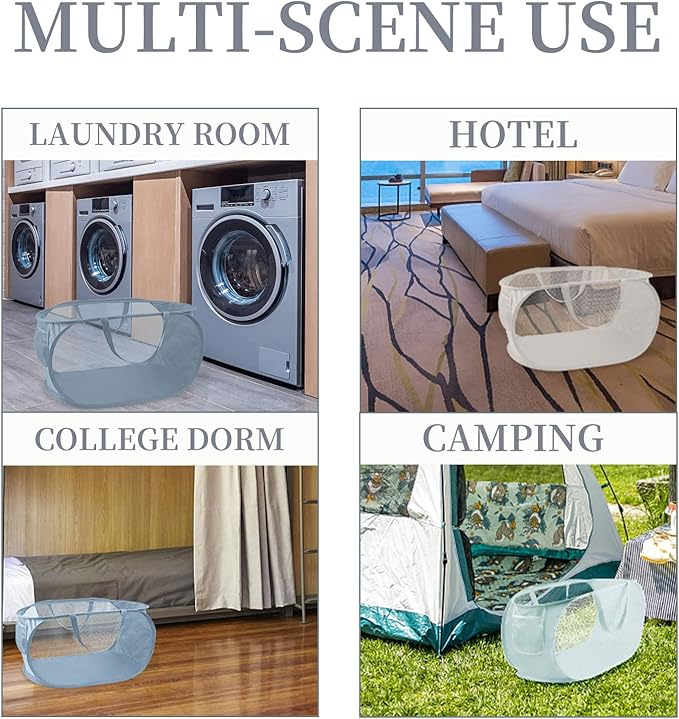 Reinforced Collapsible Laundry Baskets, 3Pcs High-Strength Mesh Pop Up Laundry Hamper, Foldable Clothes Hamper with Handles and Side Pocket for Laundry Room Dorm, Horizontal